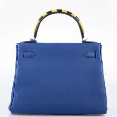 Hermès Limited Edition Kelly 28 Retourne Blue Electric, Yellow and Black Togo Au Galop Palladium Hardware Lushentic Grade Bags