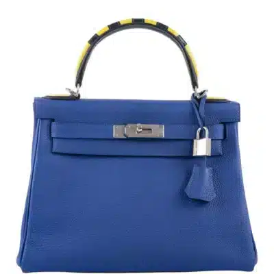 Hermès Limited Edition Kelly 28 Retourne Blue Electric, Yellow and Black Togo Au Galop Palladium Hardware