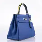 Hermès Limited Edition Kelly 28 Retourne Blue Electric, Yellow and Black Togo Au Galop Palladium Hardware Lushentic Grade Bags