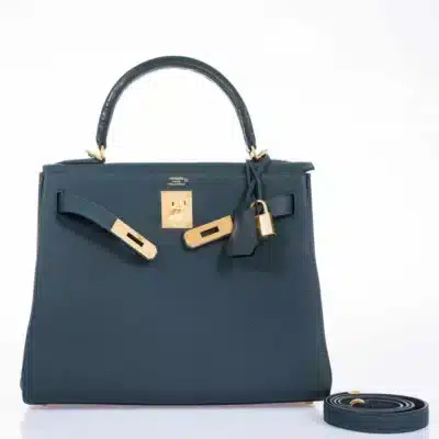 Hermès Kelly 28 Retourne Touch Vert Cypress Togo & Shiny Alligator Mississippiensis Gold Hardware