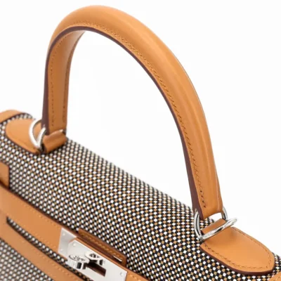 Hermès HSS Kelly 28 Sellier Sesame/Black/White Toile Quadrille & Swift Palladium Hardware