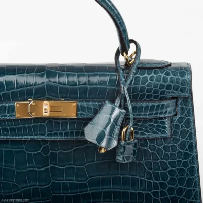 Hermès Kelly 32 Sellier Blue Roi Shiny Porosus Crocodile detail2