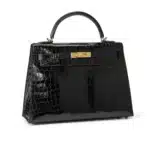 Hermès Kelly 32 Sellier Noir Black Shiny Niloticus Crocodile Gold Hardware