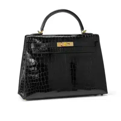 Hermès Kelly 32 Sellier Noir Black Shiny Niloticus Crocodile Gold Hardware