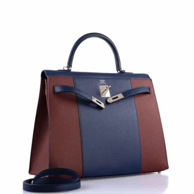 Hermès Kelly 35 Sellier Blue Saphir & Rouge H Epsom Palladium Hardware Lushentic inspired bags