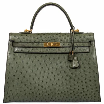 Hermès Kelly 35 Sellier Vert Olive Ostrich Gold Hardware