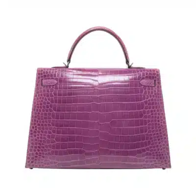 Hermès Kelly 35 Sellier Violet Shiny Porosus Crocodile Palladium Hardware