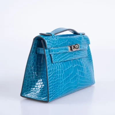 Hermès Kelly Pochette Blue Izmir Shiny Alligator Mississippiensis Palladium Hardware Lushentic Replica