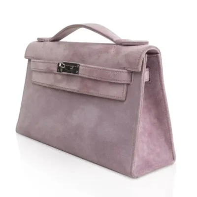 Hermès Kelly Pochette Lilac Doblis Suede Palladium Hardware Replica inspired