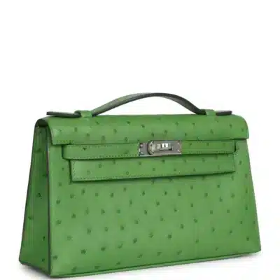 Hermès Kelly Pochette Vert Yucca Ostrich Palladium Hardware Replica Bags