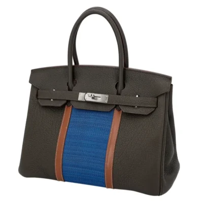 Hermès Limited Edition 2013 Birkin 30 Vert Bronze/Fauve/Blue Thalassa Fjord leather and Ottomane Palladium Hardware