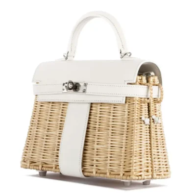 Hermès Limited Edition 2020 Mini Kelly 20 Picnic White Swift & Osier Wicker Palladium Hardware