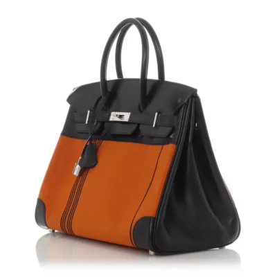 Hermès Limited Edition Birkin 35 Orange Black Box Calfskin & Toile Potamus side2