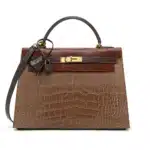 Hermès Limited Edition Kelly 32 Sellier Shiny Ficelle/Étrusque/Gris Foncé Matte Alligator Mississippiensis Gold Hardware