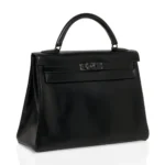 Hermès Limited Edition Kelly 32 So Black Box Calfskin Black Enamel Hardware Replica Bags