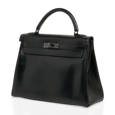 Hermès Limited Edition Kelly 32 So Black Box Calfskin Black Enamel Hardware Replica Bags