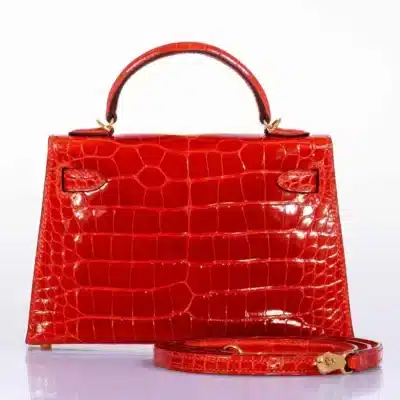 Hermès Limited Edition Mini Kelly 20 II Sellier Geranium Shiny Niloticus Crocodile Gold Hardware