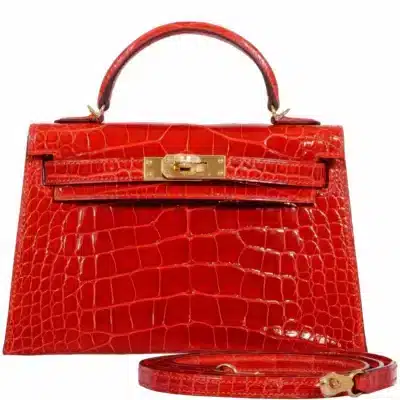 Hermès Limited Edition Mini Kelly 20 II Sellier Geranium Shiny Niloticus Crocodile Gold Hardware