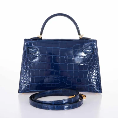 Hermès Mini Kelly 20 II Sellier Blue Sapphire Shiny Alligator Mississippiensis Gold Hardware Lushentic inspired bags