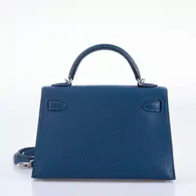 Hermès Mini Kelly 20 II Sellier Verso Blue Deep and Ebène Chèvre Palladium Hardware