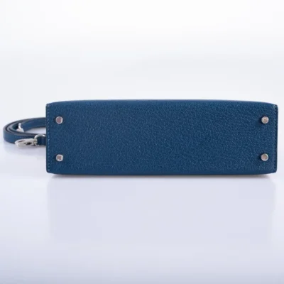 Hermès Mini Kelly 20 II Sellier Verso Blue Deep and Ebène Chèvre Palladium Hardware