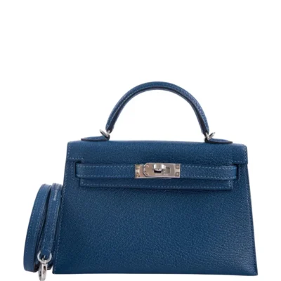 Hermès Mini Kelly 20 II Sellier Verso Blue Deep and Ebène Chèvre Palladium Hardware