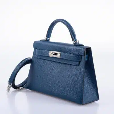 Hermès Mini Kelly 20 II Sellier Verso Blue Deep and Ebène Chèvre Palladium Hardware