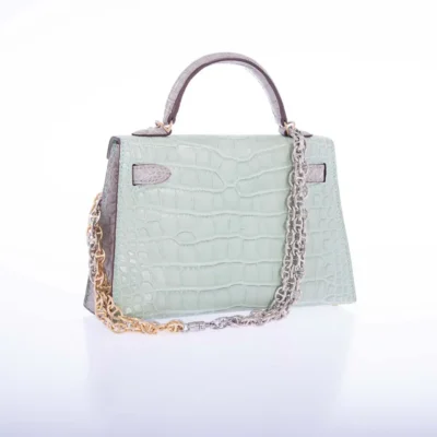 Hermès Mini Kelly 20 II Sellier Vert D'eau and Gris Perle Matte Alligator Mississippiensis Permabrass Hardware Quality Replica