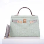 Hermès Mini Kelly 20 II Sellier Vert D'eau and Gris Perle Matte Alligator Mississippiensis Permabrass Hardware Quality Replica