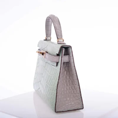 Hermès Mini Kelly 20 II Sellier Vert D'eau and Gris Perle Matte Alligator Mississippiensis Permabrass Hardware Quality Replica