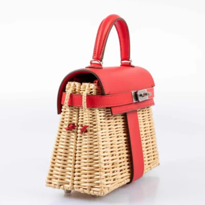 Hermès Mini Kelly 20 Picnic Rouge De Coeur Swift & Osier Wicker Palladium Hardware Replica designer handbags