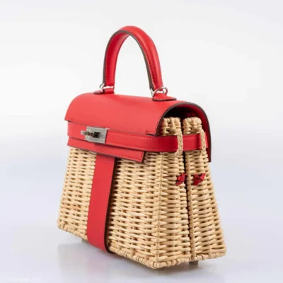 Hermès Mini Kelly 20 Picnic Rouge De Coeur Swift & Osier Wicker Palladium Hardware Replica designer handbags