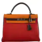 Hermès Rare Collectible 2006 Kelly 32 Retourne Orange H/Rouge Vif/Ebene Togo J Square Ruthenium Hardware