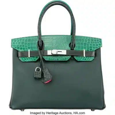 Hermès Rare Collectible 2017 Birkin 30 Vert Fonce Chevre & Matte Porosus Crocodile Patchwork Palladium Hardware