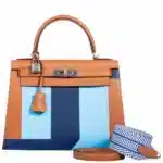 Hermès Rare Collectible 2018 Kelly 28 Sellier Gold/Celeste/Blue Epsom, Myore & Clemence Resort S Palladium Hardware