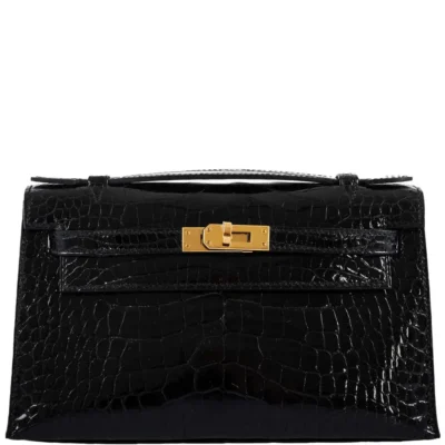 Hermès Rare Collectible 2019 Kelly Pochette Black Shiny Alligator Mississippiensis JPG Gold Hardware