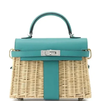 Hermès Rare Collectible 2020 Mini Kelly 20 Picnic Verone Wicker & Swift Satchel Palladium Hardware