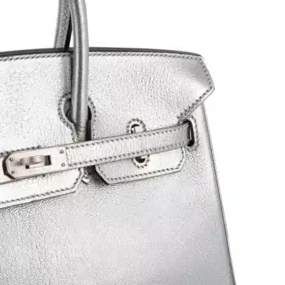 Hermès Rare Collectible Birkin 25 Metallic Silver Chevre Brushed Palladium Hardware