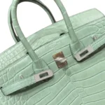 Hermès Rare Collectible Birkin 25 Retourne Vert D Eau Matte Moreletti Crocodile Diamond Encrusted 18k White Gold Hardware