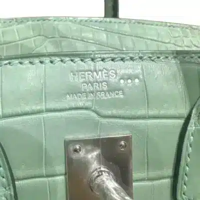 Hermès Rare Collectible Birkin 25 Retourne Vert D Eau Matte Moreletti Crocodile Diamond Encrusted 18k White Gold Hardware