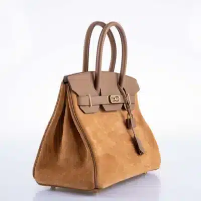 Hermès Rare Collectible Birkin 30 Chamois/Alezan Swift & Veau Doblis Suede Grizzly Gold Hardware