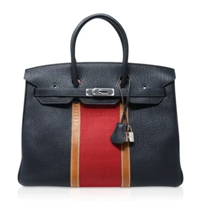 Hermès Rare Collectible Birkin 35 Blue Indigo/Fauve Barenia/Crinoline Fjord Club Palladium Hardware