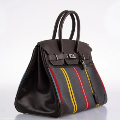 Hermès Rare Collectible Birkin 35 Jumping Multicolor Canvas & Ebene Box Calf Palladium Hardware Lushentic replica handbags