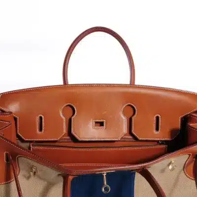 Hermès Rare Collectible Birkin 35 Natural Barenia & Toile Flag Permabrass Hardware High-quality Lushentic Grade