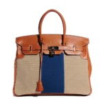 Hermès Rare Collectible Birkin 35 Natural Barenia & Toile Flag Permabrass Hardware High-quality Lushentic Grade