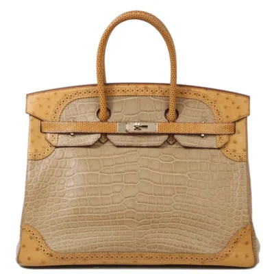 Hermès Rare Collectible Birkin 35 Poussiere/Sesame/Tabac Camel Matte Alligator Mississippiensis, Ostrich and Lizard Grand Marriage Ghillies Handbag Permabrass Hardware