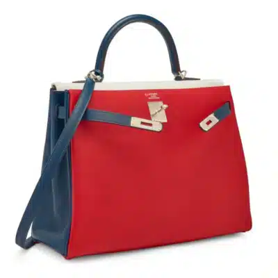 Hermès Rare Collectible Custom Kelly 35 Retourné White/Rouge Casaque/Bleu Marine Epsom Brushed Palladium Hardware