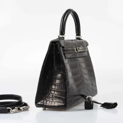 Hermès Rare Collectible Kelly 25 Retourne Graphite Matte Niloticus Crocodile Brushed Palladium Hardware