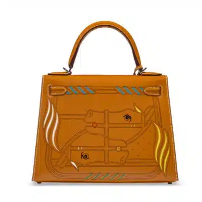 Hermès Rare Collectible Kelly 28 Sellier Painted Natural Sable Butler Quadrige By Pierre Perron Palladium Hardware Replica designer handbags