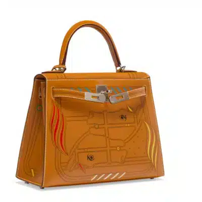 Hermès Rare Collectible Kelly 28 Sellier Painted Natural Sable Butler Quadrige By Pierre Perron Palladium Hardware Replica designer handbags